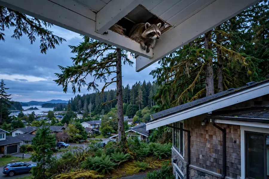 Exterminator vs Wildlife Removal: What’s the Difference? 1 Raccoon peeking from a roof soffit gap on a Nanaimo home.