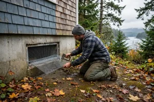 Homeowner sealing a crawlspace vent to prevent pests on a Gabriola Island property
