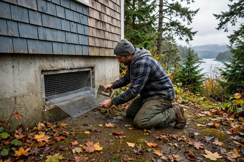 Pest Prevention Guide for Gabriola Island Residents: Keep Rodents, Ants and Wasps Out Year Round 1 Homeowner sealing a crawlspace vent to prevent pests on a Gabriola Island property