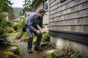 Pest control technician inspecting the foundation of a Nanaimo home before treatment