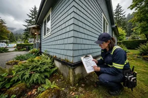 Pest control technician inspecting a Nanaimo home exterior for signs of pests