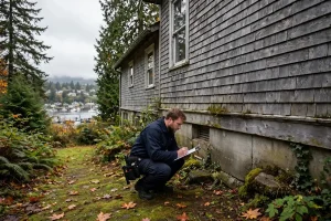 Pest control technician inspecting a home exterior in Ladysmith, BC