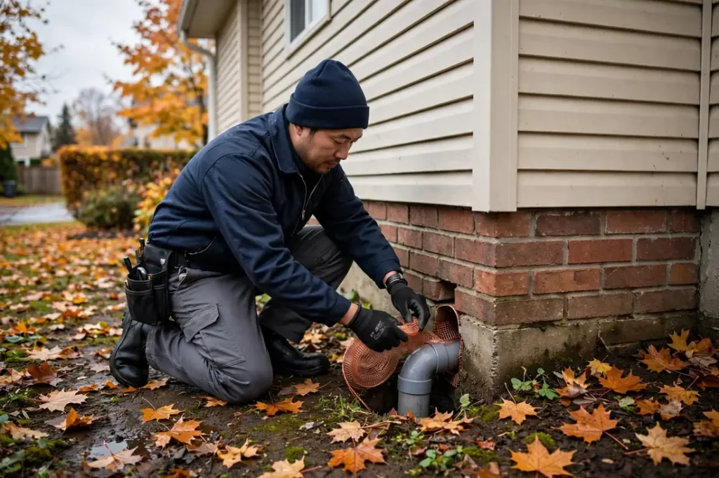 Rodent Control in Harewood: Keep Mice and Rats Out This Season 1 Pest control technician sealing a rodent entry point at a Harewood home in Nanaimo