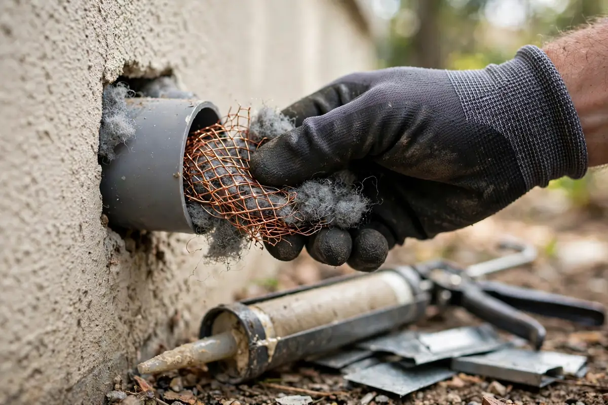 Rodent Control in Harewood: Keep Mice and Rats Out This Season 2 Sealing a rodent entry point with copper mesh and steel wool in Nanaimo