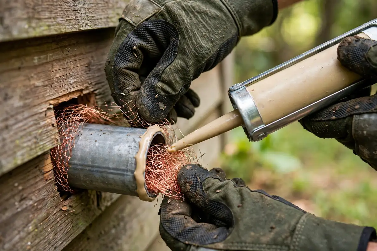 Pest Control Tips for Ladysmith and Chemainus 2 Sealing a pipe entry gap with copper mesh and caulk on a Ladysmith home