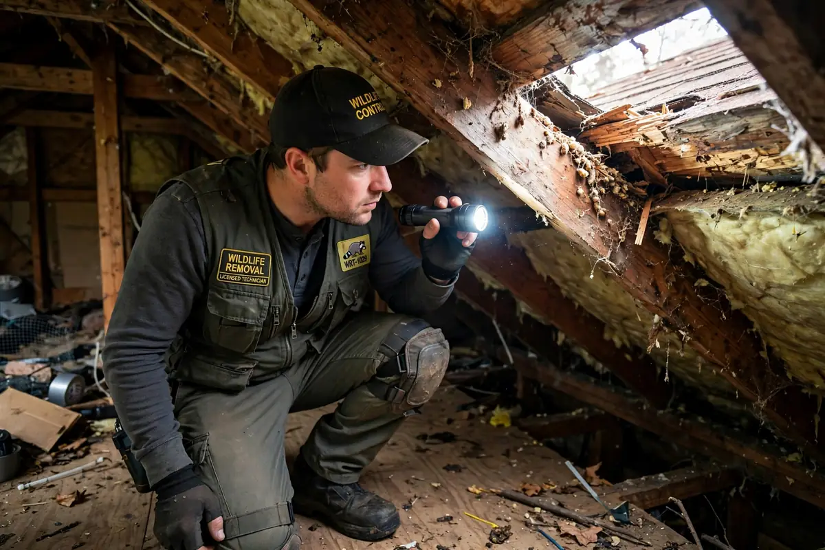 Exterminator vs Wildlife Removal: What’s the Difference? 2 Wildlife removal technician inspecting an attic for animal entry points in Nanaimo.